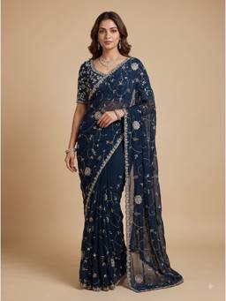 Dress & Dazzle - Navy Blue Embroidered Saree