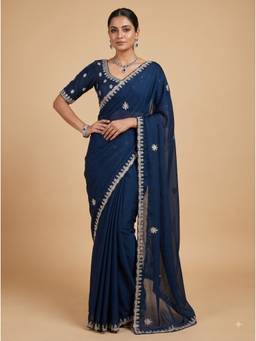 Dress & Dazzle - Royal Navy Blue Embroidered Saree