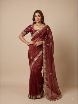 Dress & Dazzle - Brick Maroon Embroidered Saree