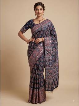 Dress & Dazzle - Steel Grey Ajrakh Printed Saree