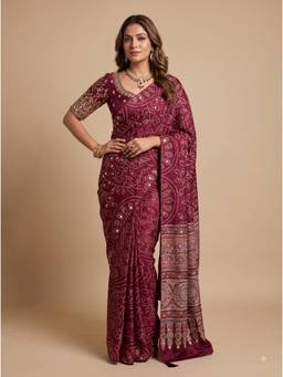 Dress & Dazzle - Deep Maroon Printed Saree
