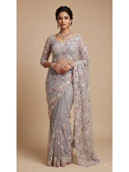 Dress & Dazzle - Icy Grey Embroidered Saree