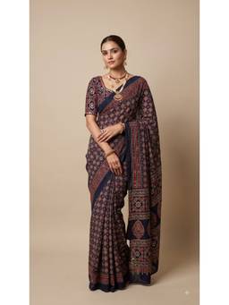 Dress & Dazzle - Midnight Navy Blue Printed Saree