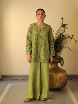 Naav - Olive Green Floral Cutwork Short Kurta with Palazzo