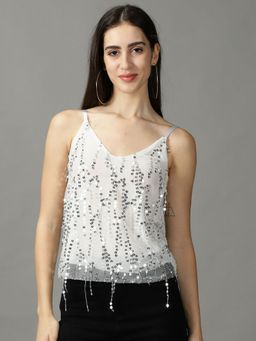 SHOWOFFFF - Womens Shoulder Straps Embellished White Regular Top