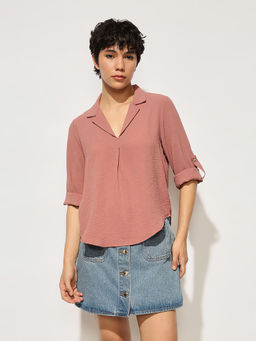 ONLY - Pink Solid Resort Collar Top