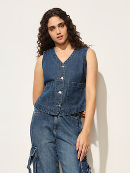 ONLY - Blue Solid Denim Vest