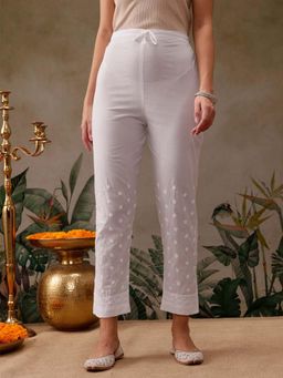 ADA - Hand Embroidered White Cotton Palazzo (M) (A100147)