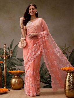 ADA - Hand Embroidered Peach Georgette Lucknowi Chikankari Saree with Unstitched Blouse
