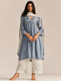 Ganga Fashions - Stone Grey Kurta with Palazzo and Dupatta (Set of 3)