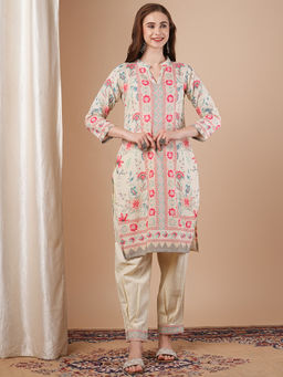 FASHOR - Cream Pastel Floral Printed Straight Kurta with Salwar (Set of 2)