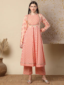 FASHOR - Peach Floral Printed Anarkali Flared Kurta with Pant (Set of 2)