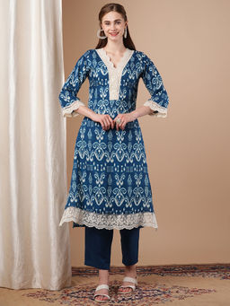 FASHOR - Blue Ikat Printed A-Line Flared Kurta with Solid Pant (Set of 2)