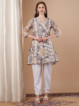 FASHOR - Abstract Printed and Chikankari Angrakha Style Kurti with Pant (Set of 2)