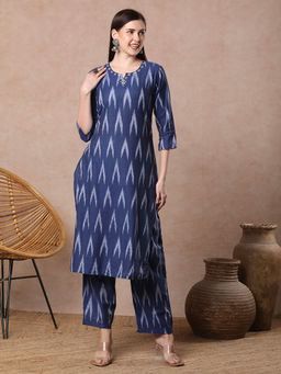 FASHOR - Navy Blue Ikat Printed Straight Fit Co-Ord (Set of 2)
