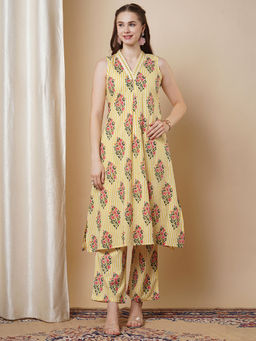 FASHOR - Yellow Floral and Stripes Printed and Embroidered A-Line Co-Ord (Set of 2)