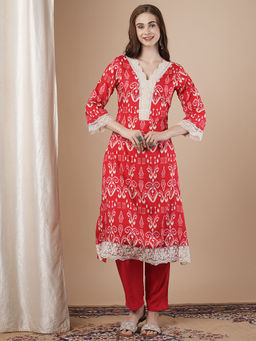 FASHOR - Red Ikat Printed A-Line Flared Kurta with Solid Pant (Set of 2)