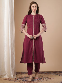 FASHOR - Maroon Embroidered Solid Straight Fit Co-Ord (Set of 2)