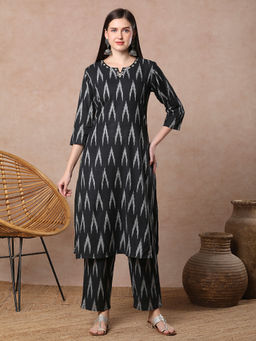 FASHOR - Black Ikat Printed Mirror Work Straight Fit Co-Ord (Set of 2)