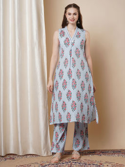 FASHOR - Blue Floral and Stripes Printed and Embroidered A-Line Co-Ord (Set of 2)