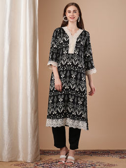 FASHOR - Black Ikat Printed A-Line Flared Kurta with Solid Pant (Set of 2)
