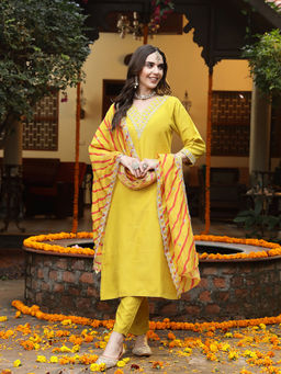 Stylum - Yellow Lehariya and Embroidered Muslin Kurta with Pant and Dupatta (Set of 3)