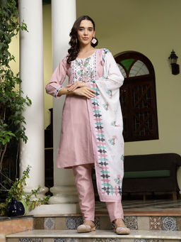 Stylum - Pink Cotton Straight Kurta with Pant and Dupatta (Set of 3)