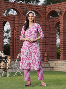 Stylum - Pink Floral Printed Cotton Straight Kurta with Pant (Set of 2)