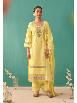 Autumnlane - Yellow Nadira Sunshine Schiffli Cotton Kurta with Pant and Dupatta (Set of 3)