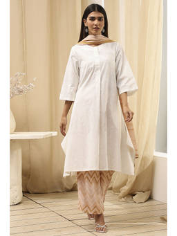 Biba - Women White Cotton Straight Kurta with Palazzo and Dupatta (Set of 3)
