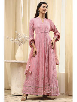 Biba - Women Powder Pink Viscose Front Open Kurta with Skirt and Dupatta (Set of 3)