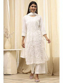 Biba - Women Off White Cotton Straight Kurta with Palazzo and Dupatta (Set of 3)