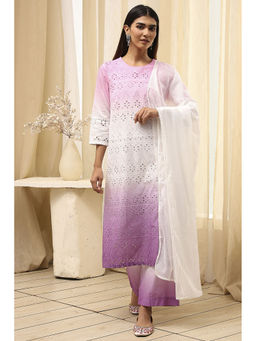 Biba - Women Purple Cotton Straight Kurta Palazzo with Dupatta and Inner (Set of 4)