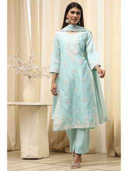 Biba - Women Aqua Blue Cotton Silk Kurta with Pant and Dupatta (Set of 3)