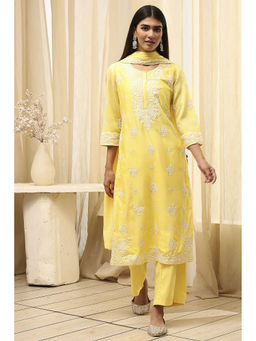Biba - Women Yellow Cotton Silk Straight Kurta with Pant and Dupatta (Set of 3)