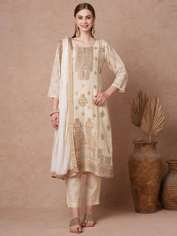 FASHOR - Cream Embroidered Jacquard Straight Cut Kurta with Pant and Dupatta (Set of 3)