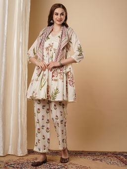 FASHOR - Floral Printed A-Line Pleated Kurti with Pant and Stole (Set of 3)