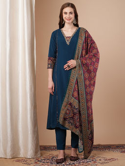 FASHOR - Solid Embroidered A-Line Kurta with Pant and Dupatta (Set of 3)