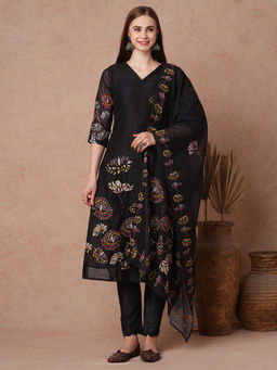 FASHOR - Lotus Printed and Hand Embroidered Kurta with Pant and Dupatta (Set of 3)