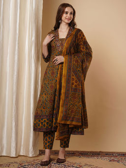 FASHOR - Printed and Embroidered Anarkali Kurta with Pant and Dupatta (Set of 3)
