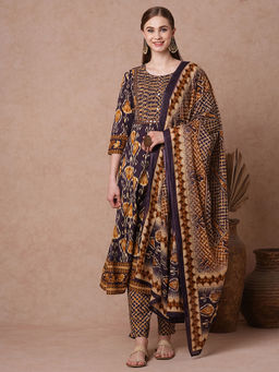 FASHOR - Ikat Printed and Embroidered Anarkali Kurta with Pant and Dupatta (Set of 3)