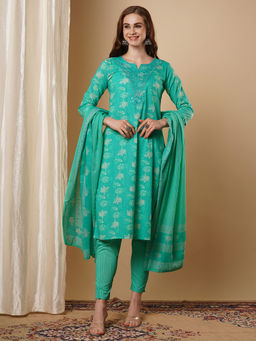 FASHOR - Floral Printed Embroidered Kurta with Pant and Dupatta (Set of 3)