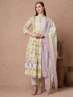 FASHOR - Floral Printed Anarkali Kurta with Pant and Dupatta (Set of 3)