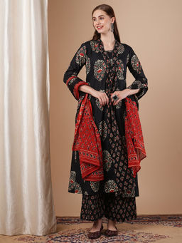 FASHOR - Black Printed Kurta with Palazzo and Dupatta (Set of 3)