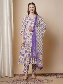 FASHOR - Floral Printed Angarkha Kurta with Pant and Dupatta (Set of 3)