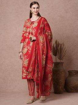FASHOR - Floral Printed Straight Fit Kurta with Pant and Dupatta (Set of 3)