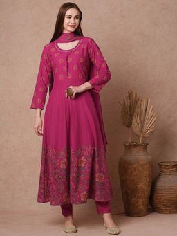 FASHOR - Pink Floral Printed Anarkali Kurta with Pant and Dupatta (Set of 3)