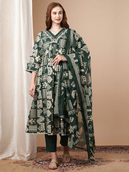 FASHOR - Green Printed and Embroidered A-Line Kurta with Pant and Dupatta (Set of 3)