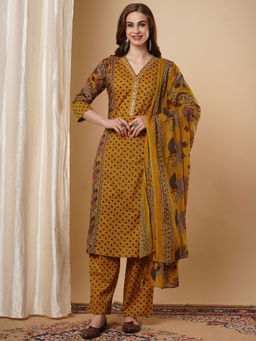 FASHOR - Mustard Printed Straight Kurta with Pant and Dupatta (Set of 3)