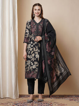 FASHOR - Black Floral Printed Embroidered Kurta with Pant and Dupatta (Set of 3)